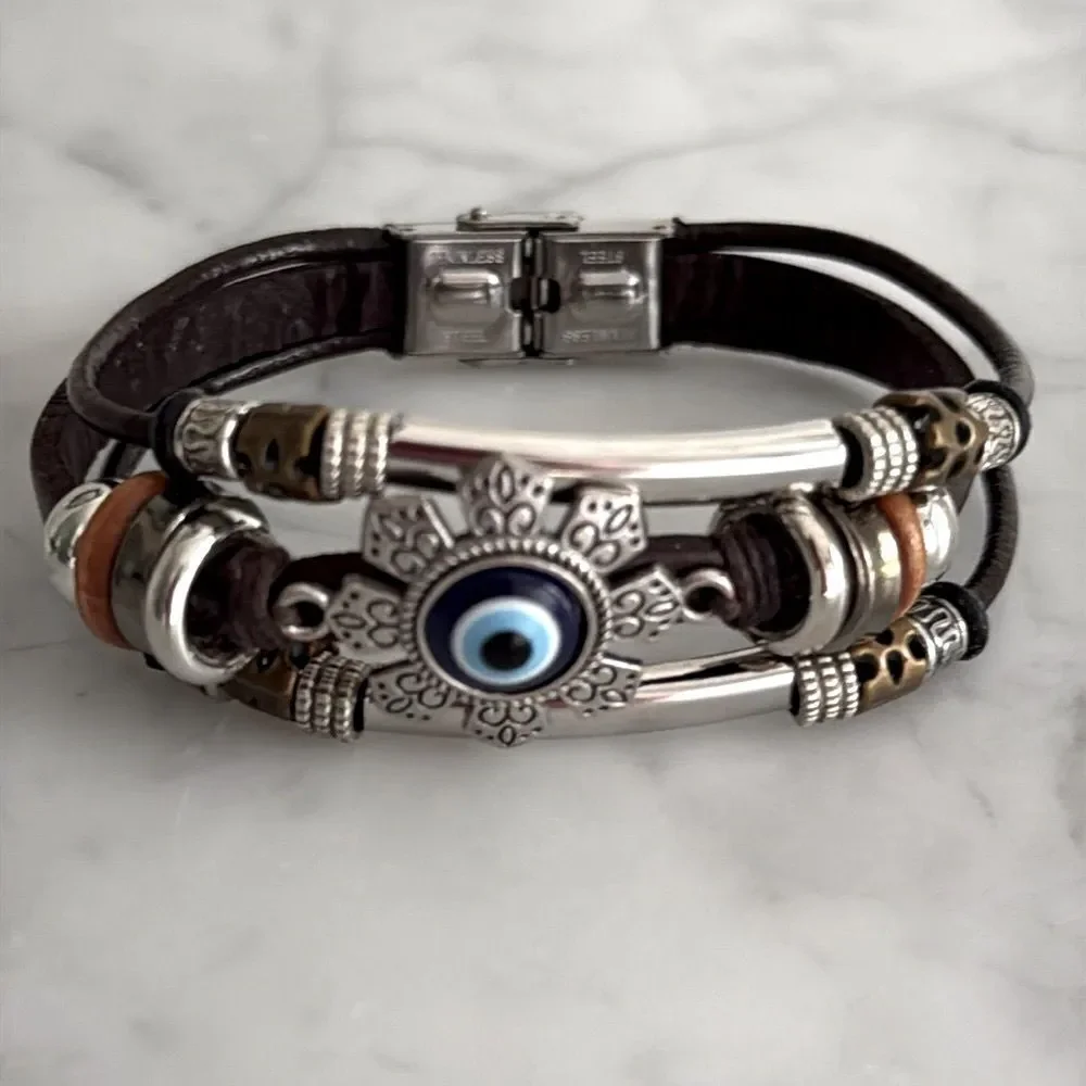 Protective Evil Eye Cuff Bracelet – Brown Leather, Boho Multi-Strand